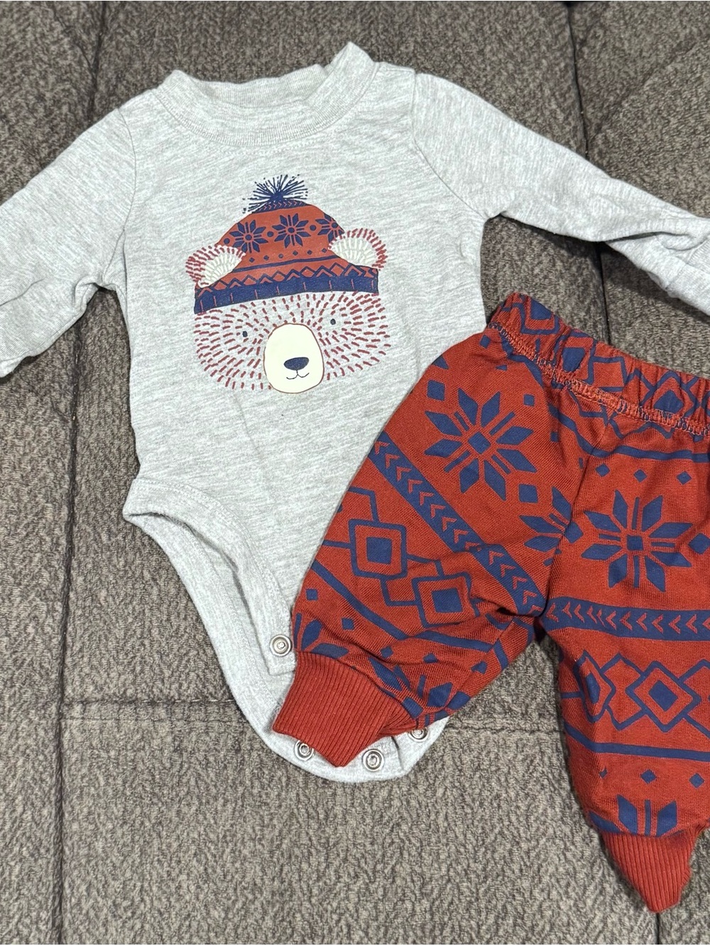 Gray Bear Graphic Two-Piece with Rust Patterned Pants - newborn